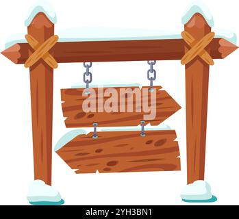 Snow covered wooden signpost with two hanging direction signs pointing in opposite directions, creating a rustic winter scene Stock Vector