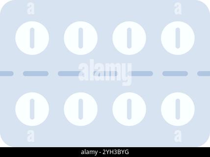 Light blue blister pack containing eight round white pills with a score line, arranged in two rows of four, representing pharmaceutical medication and Stock Vector