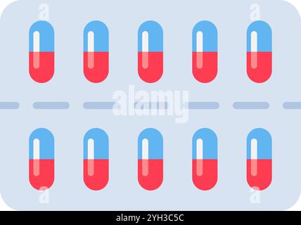 Red and blue capsules arranged in a blister pack represent a common method of pharmaceutical packaging for medication and healthcare Stock Vector