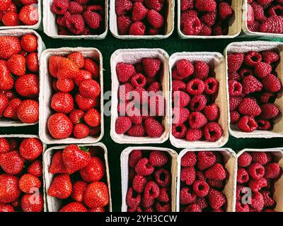 Fresh organic locally grown red ripe raspberries and strawberries in a farmers market in Frankfurt, Germany. Stock Photo