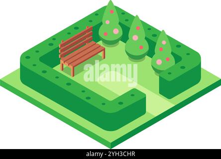 Green park with wooden bench and hedge in isometric view representing a peaceful and relaxing urban environment, perfect for leisure and recreation Stock Vector