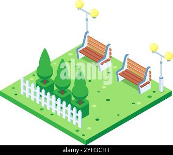 Green city park isometric icon showing two benches, trees surrounded by white fence and street lamps illuminating recreation area Stock Vector