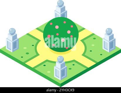 Vibrant park with blooming tree and street lamps in isometric view, creating a serene urban oasis perfect for relaxation and leisure Stock Vector