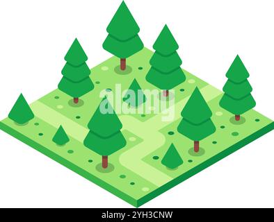 Lush green meadow with growing pine trees forming a serene forest landscape in isometric projection, ideal for environmental or nature related Stock Vector