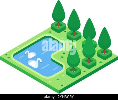 Two elegant swans are swimming gracefully in a small pond within a peaceful isometric park, surrounded by neatly arranged trees on a vibrant green Stock Vector