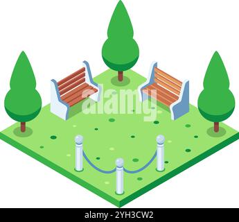 Vibrant isometric city park with benches and trees, perfect for relaxation and leisure activities. Enjoy the peaceful atmosphere and modern design Stock Vector