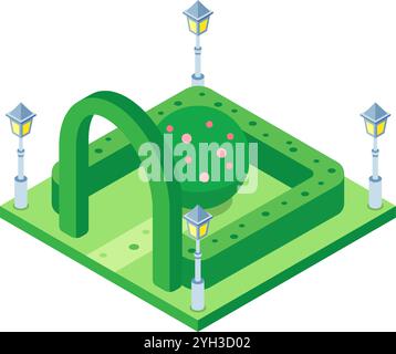 Green isometric city park with a decorative arch, a round hedge, four lampposts and a round flowering tree, representing urban landscape design and Stock Vector