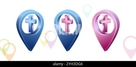 Set of 3D pin icons with Christian cross. Horizontal backdrop with flat empty pin arrows, creative template. Church location map symbol. 3 D design. C Stock Vector