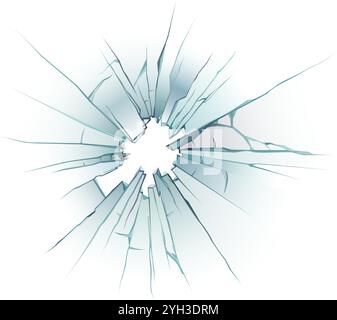 Shattered glass with cracks radiating outwards from a central hole, creating a textured and abstract pattern on a white background, conveying concepts Stock Vector