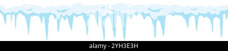Cartoonish light blue icicles hanging down from a layer of snow, with some of the ice melting, creating a winter wonderland scene Stock Vector