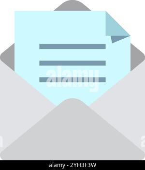 Open white envelope containing light blue letter with lines of text, isolated on white background, representing communication and messaging Stock Vector