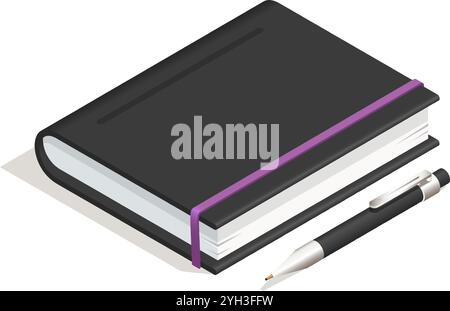 Closed black notebook with a purple bookmark lies next to a pen in an isometric view, suggesting themes of writing, planning, and organization Stock Vector