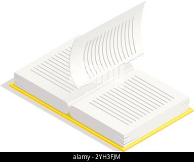 Open book with a torn page is revealing lines of text, presented in an isometric perspective, emphasizing the concept of damaged literature or Stock Vector