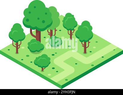 Vibrant isometric view captures a winding path meandering through a lush green park, dotted with various sizes of trees and bushes, creating a serene Stock Vector