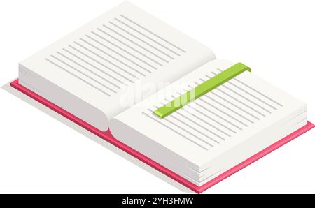 Open book with a green bookmark on a table, inviting exploration of its pages and intricate design, symbolizing endless learning, creativity, and Stock Vector