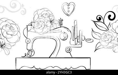 Vintage sewing machine with romantic flowers for tailoring. Clothes design seamless pattern, border. Handcraft in retro style. Vintage old fashion Stock Vector