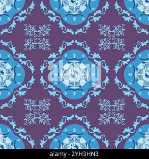 Decorative repeating pattern with blue ornaments on purple background inspired by modern Stock Vector