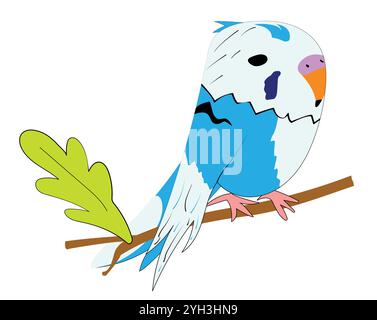 Blue budgie sitting on a twig; hand draw of a blue bird Stock Vector