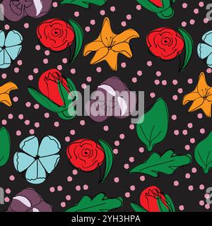 Botanical pattern with outline drawing of flowers minimalist style with colorful spots; rose, lily, pansy and leaves contoured hand drawing Stock Vector