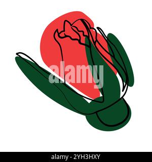 Outline drawing of a bud rose in minimalist style with color spots; simple model hand drawing; Clip art isolated on white background Stock Vector