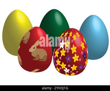 Five isolated bunch of  beautiful  glowing Easter eggs with rabbit imprint and flowers imprint ; a small pile of colorful eggs Stock Vector