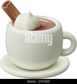 A cup of hot chocolate with whipped cream 3d realistic vector illustration. Warm cocoa or mocha coffee in a cute white mug. Stock Vector