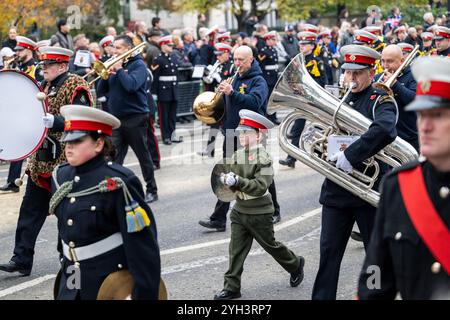 London, UK. 9 November 2024. Surbiton RBL Youth Marching Band in The Lord Mayor's Show, the oldest and grandest civic procession in the world dating back to the early 13th century when King John granted that the City of London could appoint its own Mayor.  This year, newly elected Alderman Alastair King DL is the 696th Lord Mayor of the City of London and during The Lord Mayor’s Show makes his way from the City to distant Westminster to swear loyalty to the Crown.  Credit: Stephen Chung / Alamy Live News Stock Photo