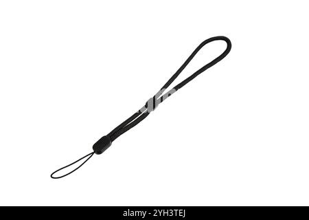 A black wrist strap with an adjustable loop, commonly used for securing small electronic devices like cameras or USB drives, isolated on a white backg Stock Photo