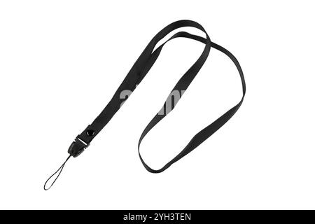 Black lanyard with a detachable buckle and a loop for holding small items, isolated on a white background, ideal for keys, ID badges, or small electro Stock Photo
