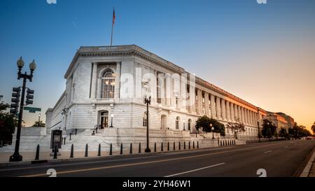 Washington D.C.—Oct 21, 2024: The Russell Senate Office Building, oldest U.S. Senate building, in Beaux-Arts style, captured at sunrise. Historic arch Stock Photo