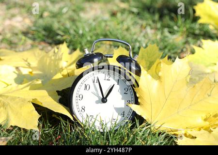 Autumn time. Alarm clock among fallen leaves on green grass, closeup Stock Photo