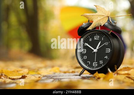 Autumn time. Alarm clock and umbrella in park, selective focus. Space for text Stock Photo