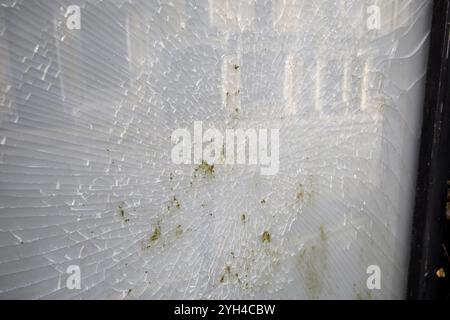 broken toughened glass window ballinrobe, county mayo, republic of ireland Stock Photo