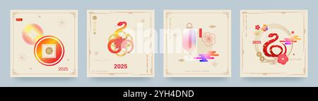 Chinese New Year 2025 Year of the Snake. Red snake, vertical design for cards, posters, banners. Geometric modern style.Traditional patterns. Translat Stock Vector