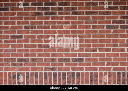 variegated brick wall background, consisting of dark gray, black, red and orange tones with white grout. Vertical accent bricks across the bottom of t Stock Photo
