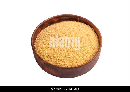Pile of breadcrumbs in a wooden bowl isolated on white background. top view. Stock Photo