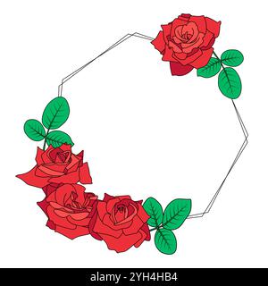 Polygon floral frame. Simple geometric shape with rose bouquet. Stock Vector
