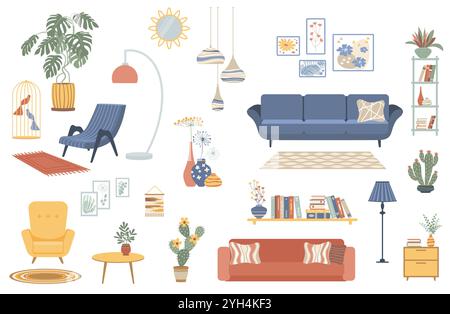 Furniture collection for modern home interior design. Trendy house decor, sofa, couch, chair, armchair and lamp. Apartment room items, decoration. Stock Vector