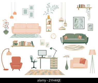 Furniture collection for modern home interior design. Trendy house decor, sofa, couch, chair, armchair and lamp. Apartment room items, decoration. Stock Vector