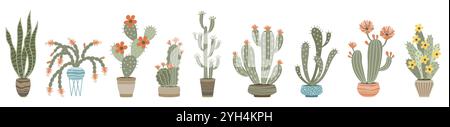 Cute cacti and succulents. Exotic plant set Stock Vector