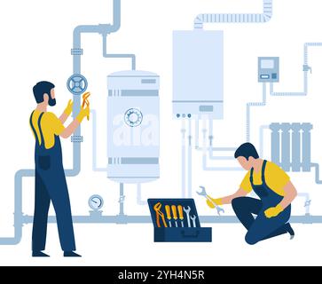 Plumber service, heating company technicians using tools, installing, repairing, maintaining, servicing home heating, hot water supply Stock Vector