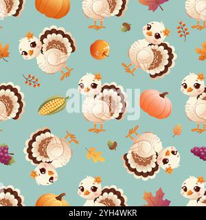 Charming seamless Thanksgiving pattern featuring cute cartoon turkeys, pumpkins, corn, apples, and autumn leaves  Stock Vector