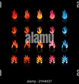 25 fire icons with varying gradients and shapes in colors ranging from red, orange, yellow, pink, to blue for Game Development Elements, Graphic Desig Stock Vector