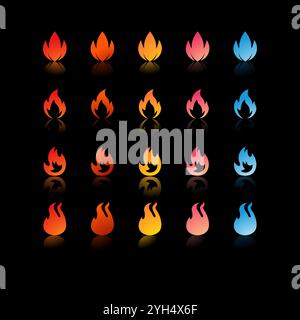 25 fire icons with varying gradients and shapes in colors ranging from red, orange, yellow, pink, to blue for Game Development Elements, Graphic Desig Stock Vector