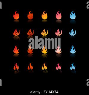 25 fire icons with varying gradients and shapes in colors ranging from red, orange, yellow, pink, to blue for Game Development Elements, Graphic Desig Stock Vector
