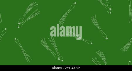Seamless pattern with fresh green onion outlines, chives or scallion on green background, vector illustration Stock Vector