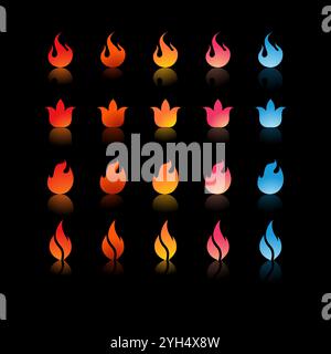 25 fire icons with varying gradients and shapes in colors ranging from red, orange, yellow, pink, to blue for Game Development Elements, Graphic Desig Stock Vector