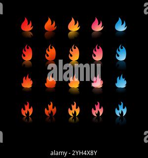 25 fire icons with varying gradients and shapes in colors ranging from red, orange, yellow, pink, to blue for Game Development Elements, Graphic Desig Stock Vector