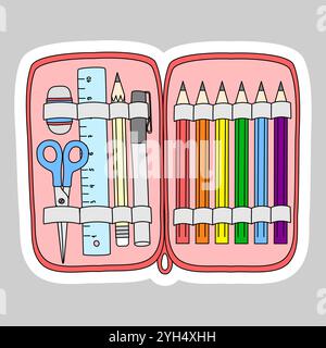 Sticker with pencil case with school supplies, doodle style vector illustration Stock Vector