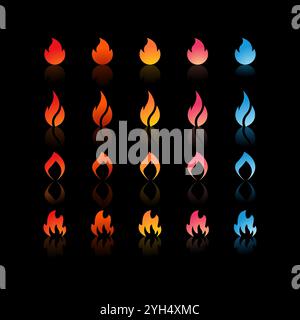25 fire icons with varying gradients and shapes in colors ranging from red, orange, yellow, pink, to blue for Game Development Elements, Graphic Desig Stock Vector